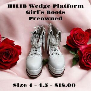 HILIB GIRL'S Cute Lolita Boots Cosplay Brogue Wedge Boots white US size 4 -4.5